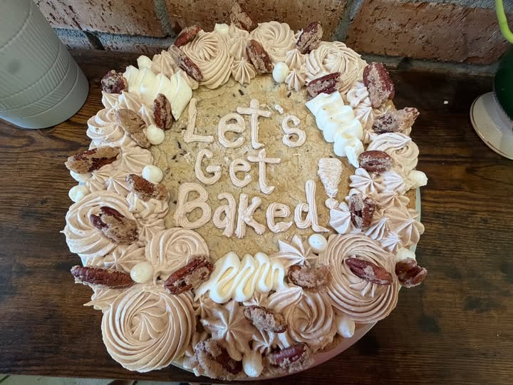 Velvet Wing Turtle Cookie Cake with caramel buttercream and candied pecans