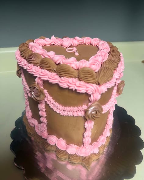 Velvet Wing chocolate brown and bright pink vintage piped birthday cake, view 2 of 3